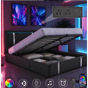 Black Queen Bed Frame with Adjustable LED Lights Headboard, USB-C Charging Ports, Hydraulic Support, Faux Leather Upholstered Platform Bed, Metal Slats Support