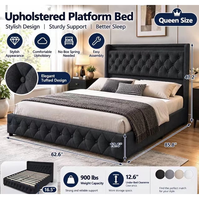 Black Queen Bed Frame with Smart LED Lights, 4 Storage Drawers ...
