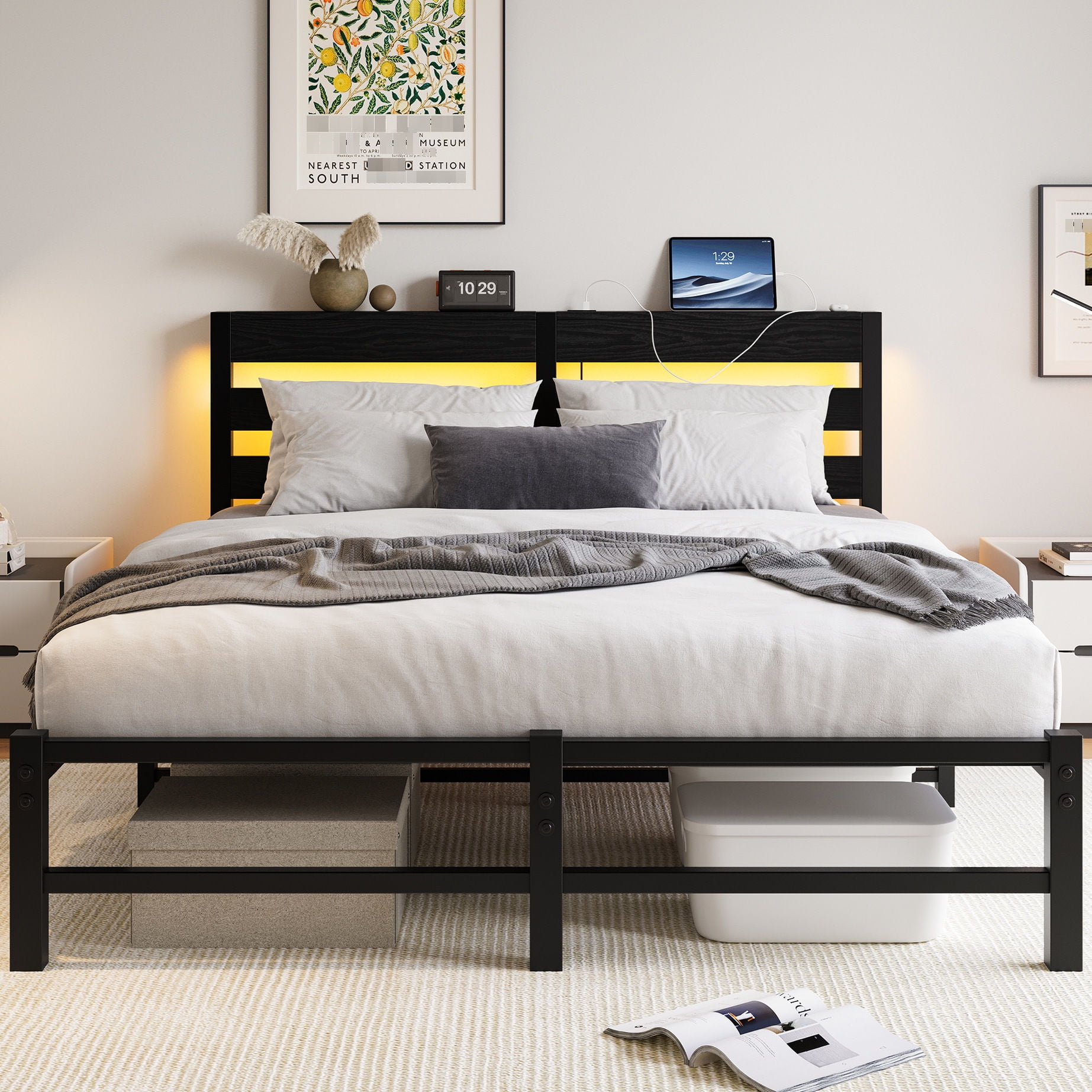 Black Queen Bed Frame with Headboard Storage, UnderBed Space Great — free download