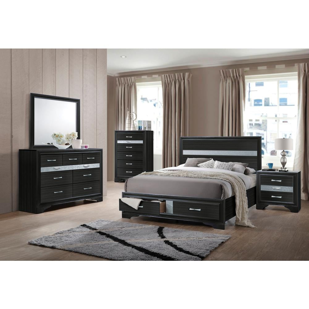 Black Queen Upholstered Bed with Storage Drawers and Slats