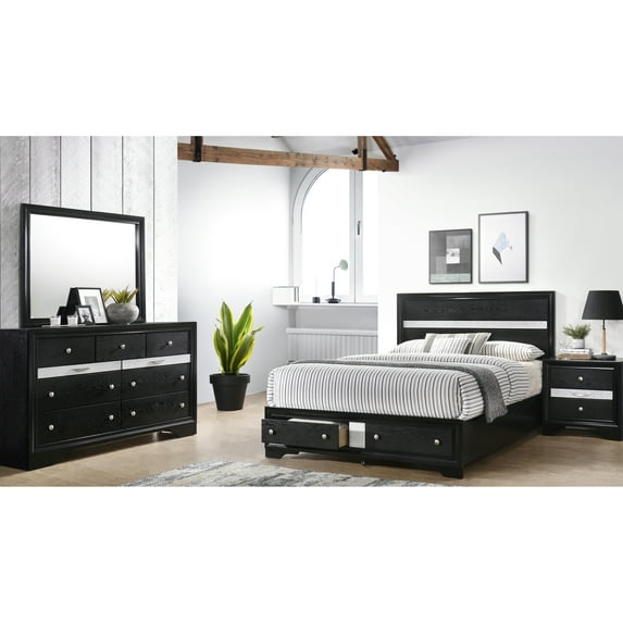 Black Queen Bedroom 4 Piece - Traditional Theme With Wood Construction, Ample Storage Dresser, Gorgeous And Elegant Mirror, Convenient Nightstand For Pc In Design Comfortable Bed, Spacious Handy