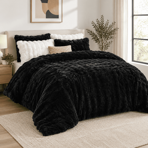 Black Queen Faux Bubble Comforter Set, Warm Cozy Fluffy 3-Piece Bedding Set