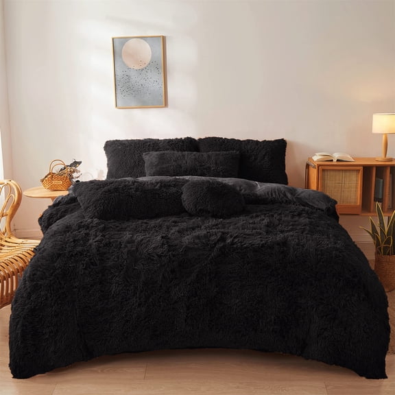 Black Queen Faux Fur Plush Bedding Set