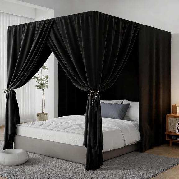 Black Queen Lightproof Canopy Bed Curtains for Four-Post Beds
