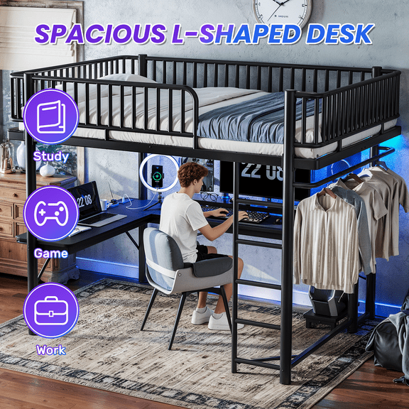 Black Queen Loft Bed with L-Shaped Desk,LED Light Strip and Charge Station, Metal Loft Bed with Computer Mainframe Tray and Hanging Area, Special Round Pipe Design