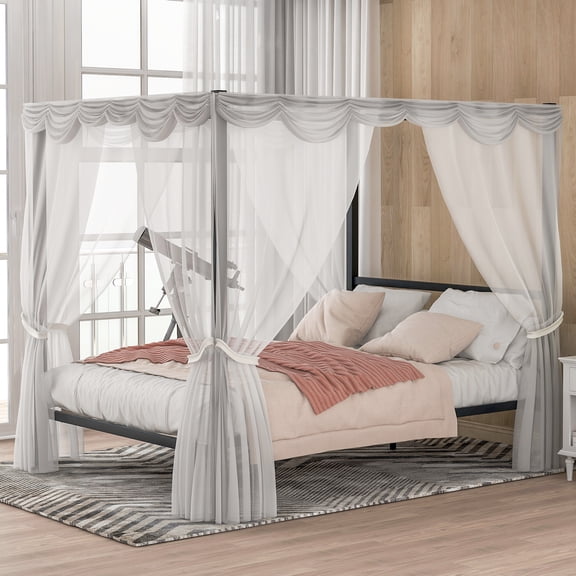 Black Queen Metal Framed Canopy Platform Bed with Built-in Headboard,No Box Spring Needed, Classic Design