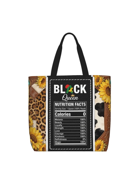 Black Queen Nutrition Facts Tote Bag, African American Women Large Capacity Zippered Shoulder Bag, Leopard & Sunflower Print Reusable Polyester Grocery Bag, Melanin Magic Gift