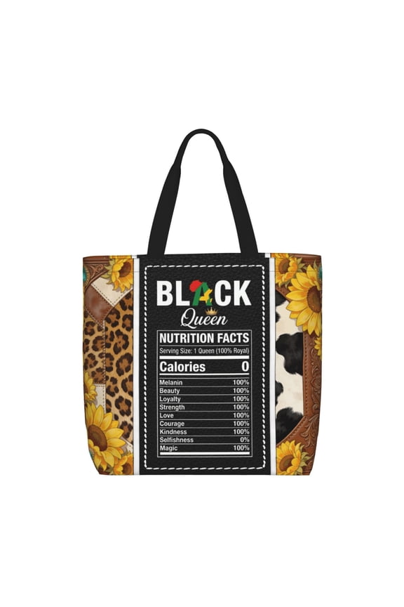 Black Queen Nutrition Facts Tote Bag, African American Women Large Capacity Zippered Shoulder Bag, Leopard & Sunflower Print Reusable Polyester Grocery Bag, Melanin Magic Gift