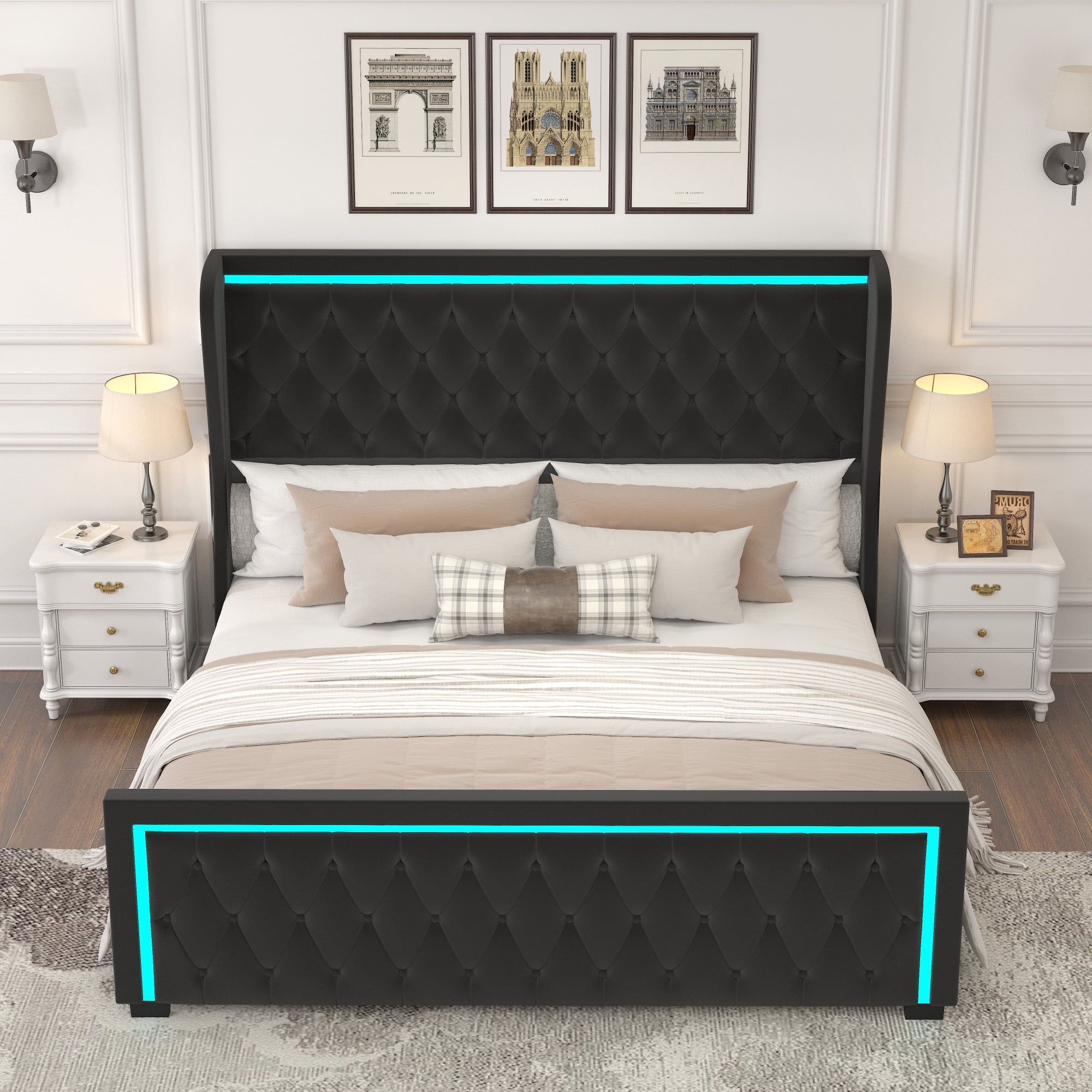 Black Queen Platform Bed Frame with High Headboard, Velvet Upholstery ...