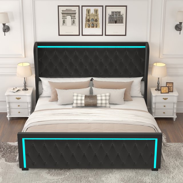 Black Queen Platform Bed Frame with High Headboard, Velvet Upholstery, Deep Tufted Buttons