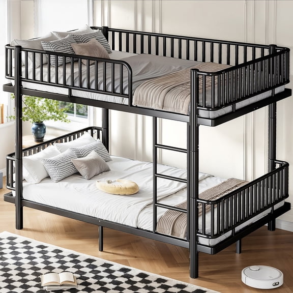 Black Queen over Queen Bunk Bed with Ladders & Guardrails, Metal Bunk Bed Frame with Upgraded Safety Round-Pipe Design, Can Transformed into 2 Platform Bed