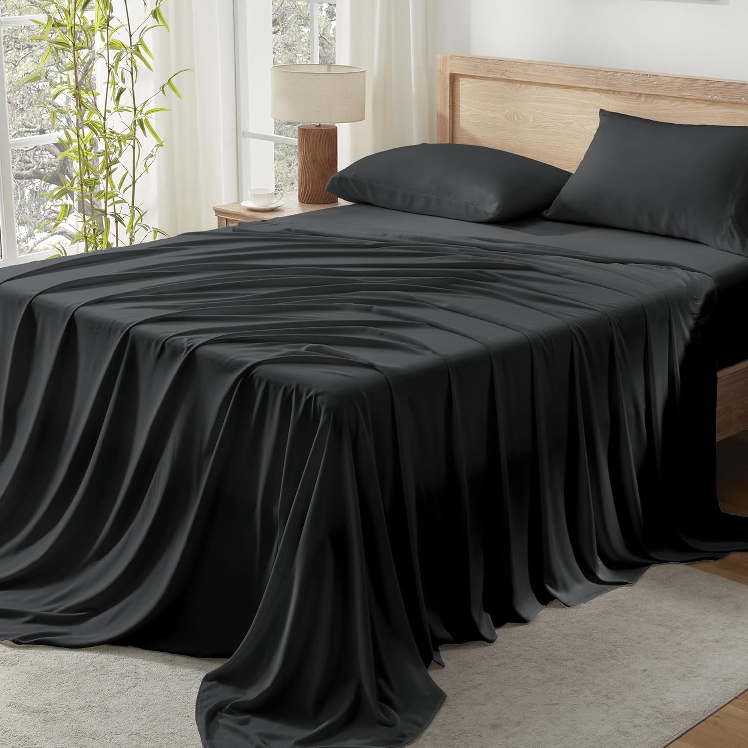 Black Queen Sheets Set, 100% Viscose Derived from Bamboo, Cooling Bed Sheets Queen Size, Deep Pocket Up to 16", Silky Soft Sheets, Hotel Luxury Breathable Bedding Sheets & Pillowcases