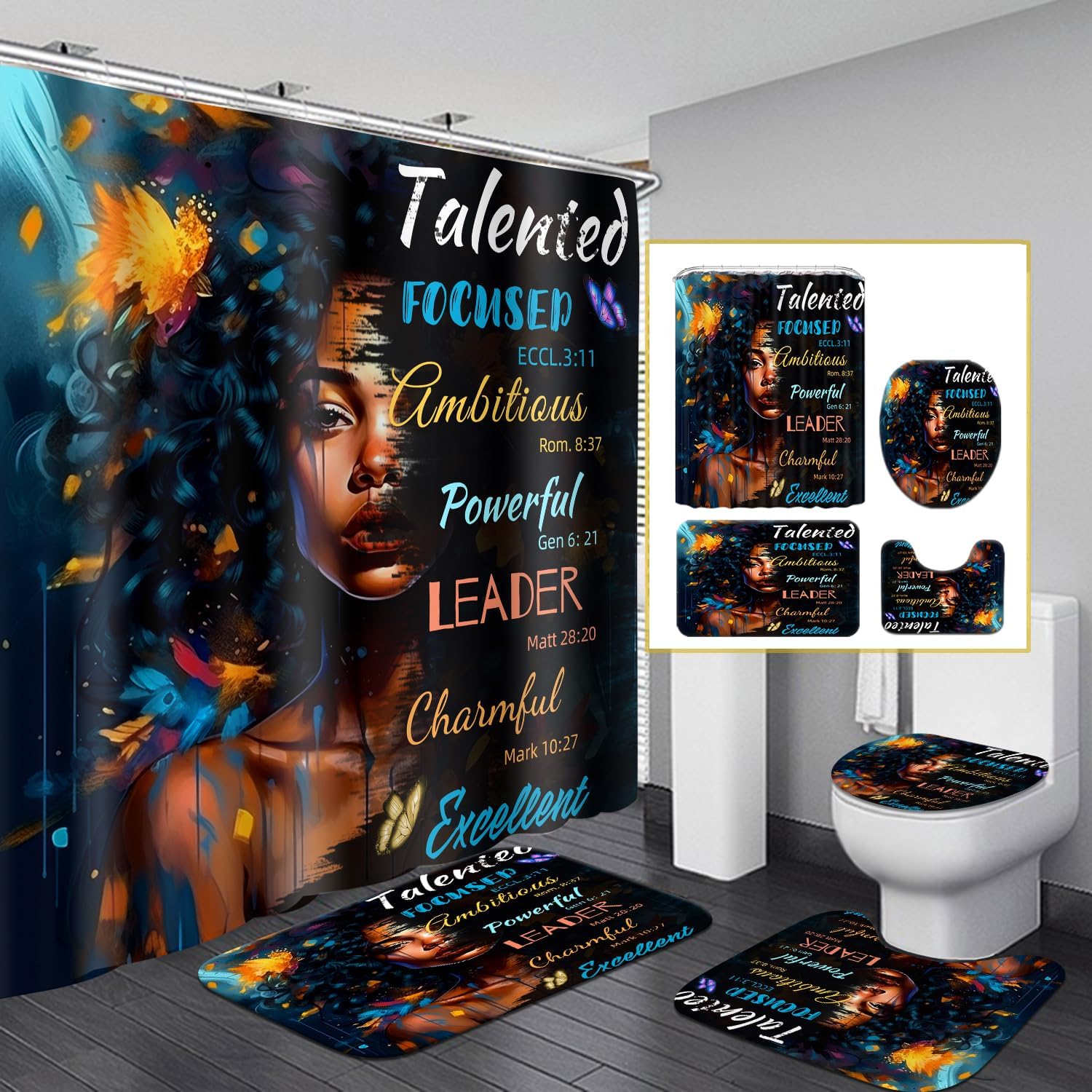 Black Queen Shower Curtain Set, Gold Ray Women Bahtroom Sets with ...