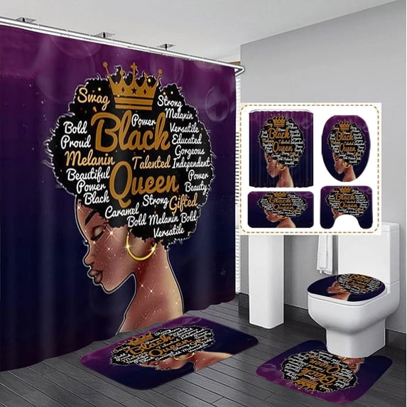 Black Queen Shower Curtain Set, Gold Ray Women Bahtroom Sets with Shower Curtain and Rugs, Toilet Lid Cover, Bath Mat, Waterproof Fabric Valentines Shower Curtains with Hooks
