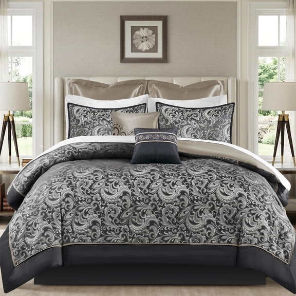 Black Queen Size 8-Piece Jacquard Damask Comforter Bedding Set