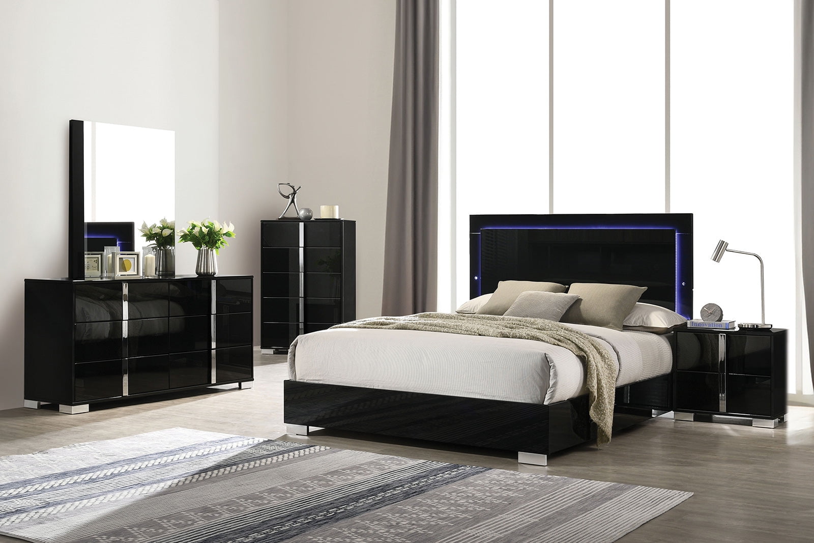Black Queen Size Bed 6pc Set Bed w LED Dresser Mirror Nightstands Chest ...