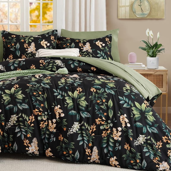 Black Queen Size Floral 7-Piece Microfiber Bedding Comforter Set For All Season Use