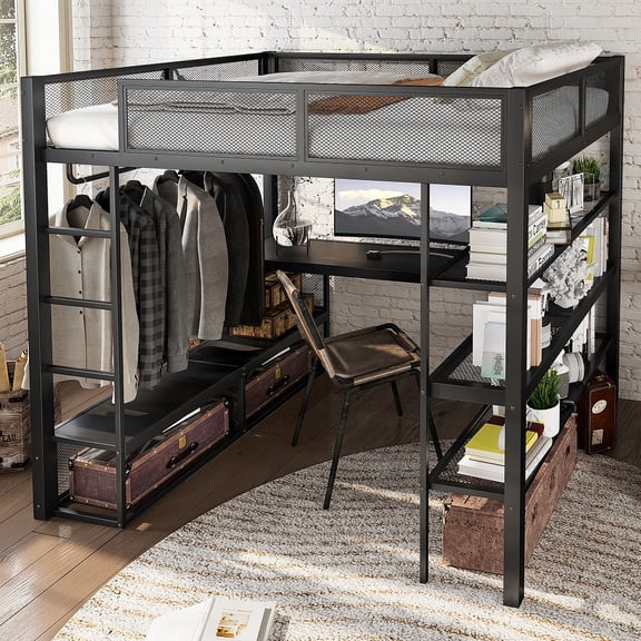 Black  Queen Size Loft Bed with Storage Shelves, Metal Loft Bed with Clothes Hanging Rod and Desk,