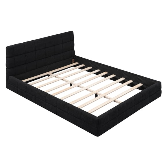 Black Queen Size Upholstered Platform Bed with Padded Headboard and Solid Wood Slat Support, No Box Spring Needed