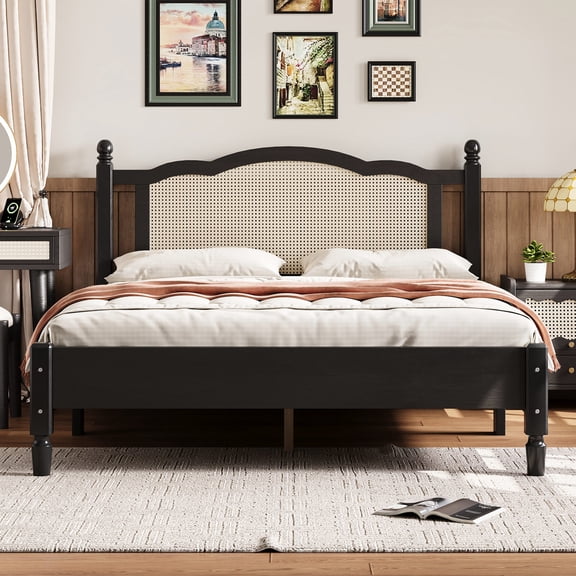 Black Queen Wooden Bed with Rattan Headboard Look / Suitable for Many Home Styles