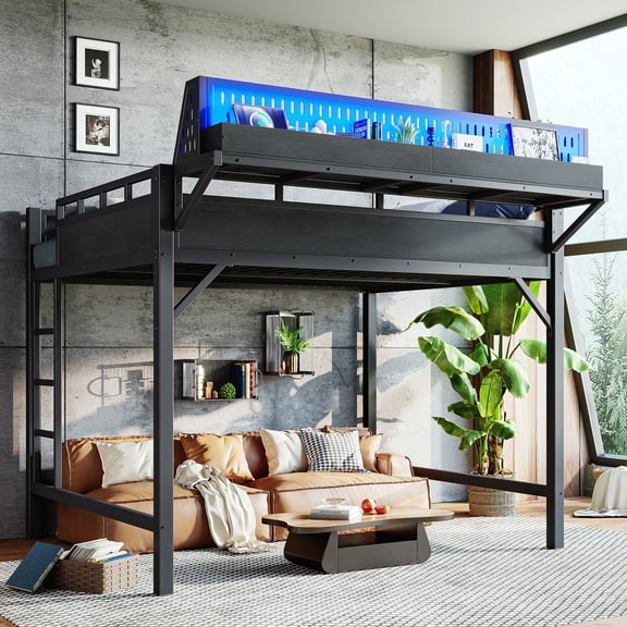 Black Queen size Loft Bed Frame with Storage Shelves and Pegboard Metal – Mdf, Modern Style, LED Light, for Bedroom