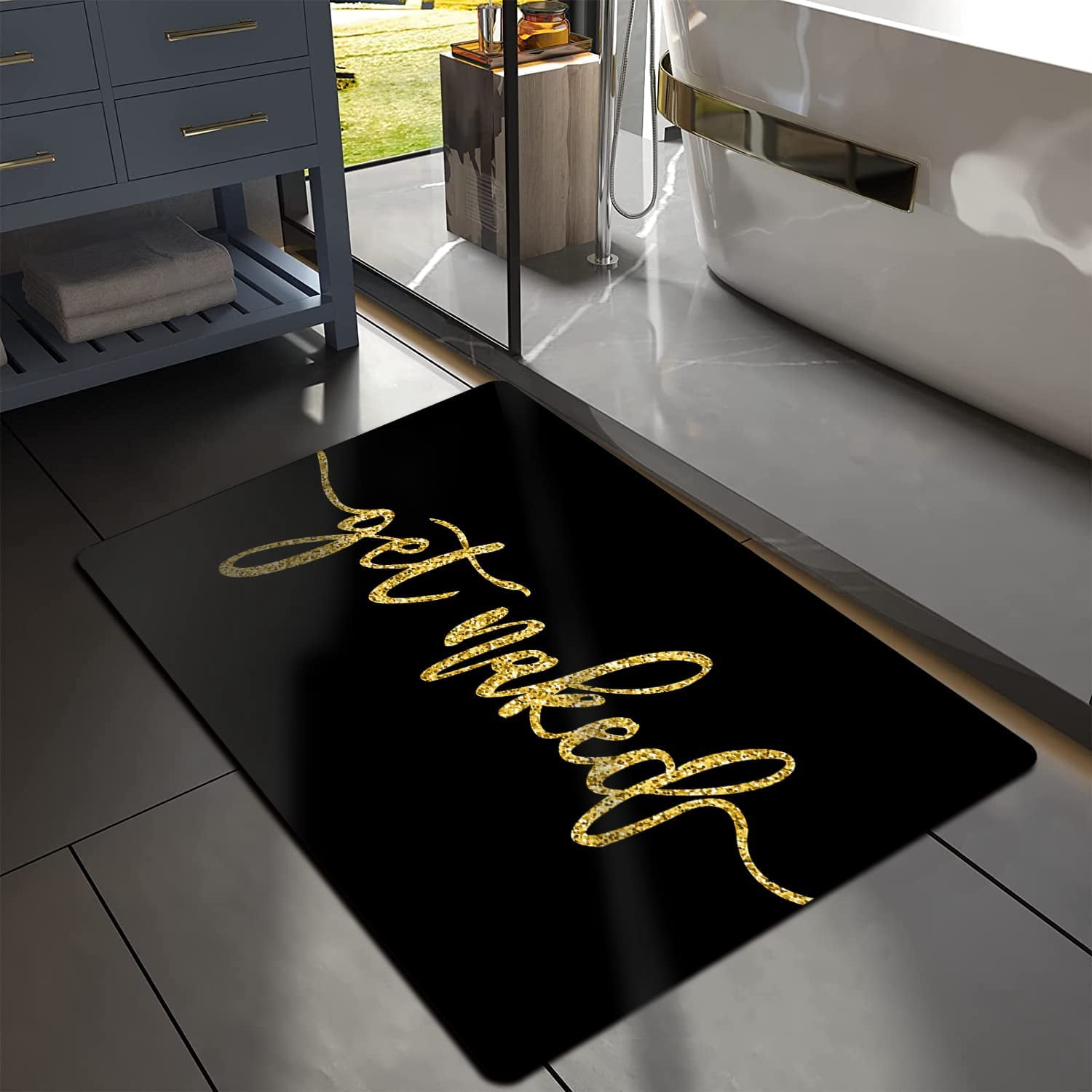 Black Quick Dry Bath Mat, Funny Get Naked Bathroom Rugs Small fit Under Door Bathroom Floor Mats Absorbent Non-Slip for Bathtub, Shower Room, Sink 15.7"x23.6"\u2026