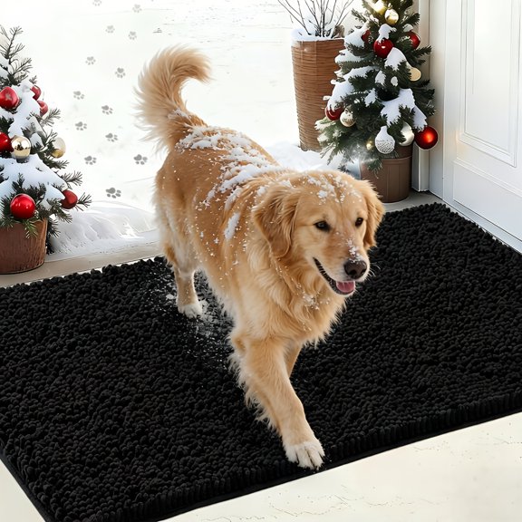 Black Quick-Dry Outdoor Door Mat, Absorbent Dirt Trapper & Non-Slip Pet Mat, Machine Washable, Ideal for Entryways to Clean Dog Paw Mud & Stains