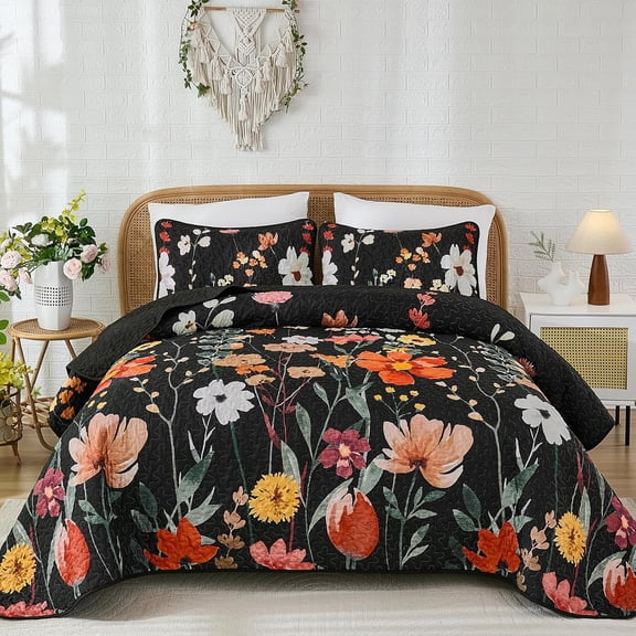 Black Quilt Set King Size, Colorful Floral Bedspread with 2 Pillowcases, Soft Microfiber Lightweight Coverlet Bedding Set for All Season(104"x90")
