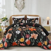 Black Quilt Set King Size, Colorful Floral Bedspread with 2 Pillowcases, Soft Microfiber Lightweight Coverlet Bedding Set for All Season(104"x90")
