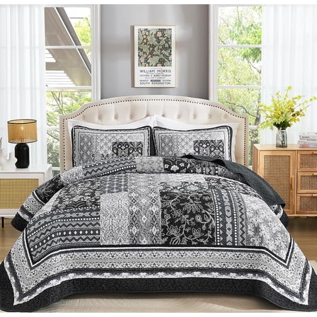 Black Quilt Set Queen Size 3 Pieces Boho Patchwork Bedspread Coverlet Set Bedding Set for All Seasons