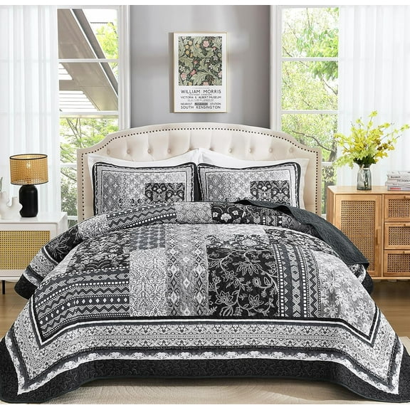 Black Quilt Set Queen Size 3 Pieces Boho Patchwork Bedspread Coverlet Set Bedding Set for All Seasons