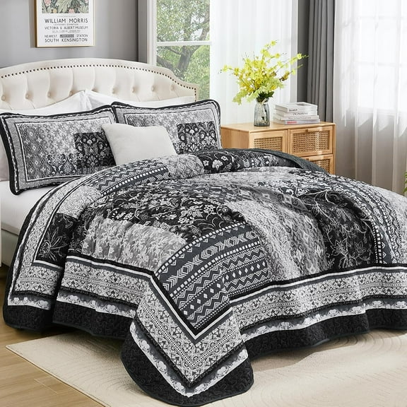 Black Quilt Set Queen Size, 3 Pieces Boho Patchwork Bedspread Coverlet Set, Lightweight Bohemian Quilt Bedding Set for All Seasons (96x90)
