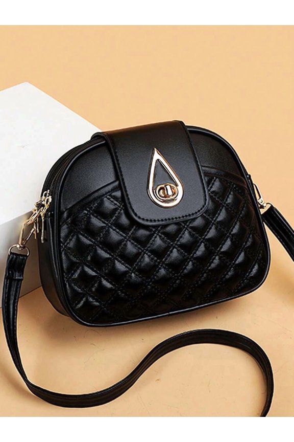 Black Quilted Crossbody Shoulder Bag With Teardrop Clasp