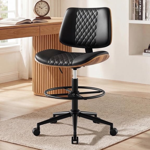 Black Quilted PU Leather Drafting Chair With Bentwood Accents, Armless Swivel Stool For Standing Desk