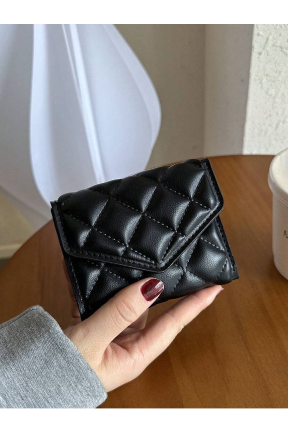 Black Quilted PU Leather Envelope Mini Bifold Wallet Compact