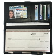 Black RFID Leather Checkbook Cover With Credit Card Slots and Pen Holder