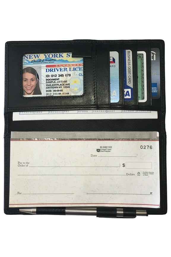 Black RFID Leather Checkbook Cover With Credit Card Slots and Pen Holder