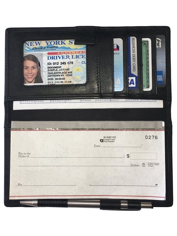 Black RFID Leather Checkbook Cover With Credit Card Slots and Pen Holder
