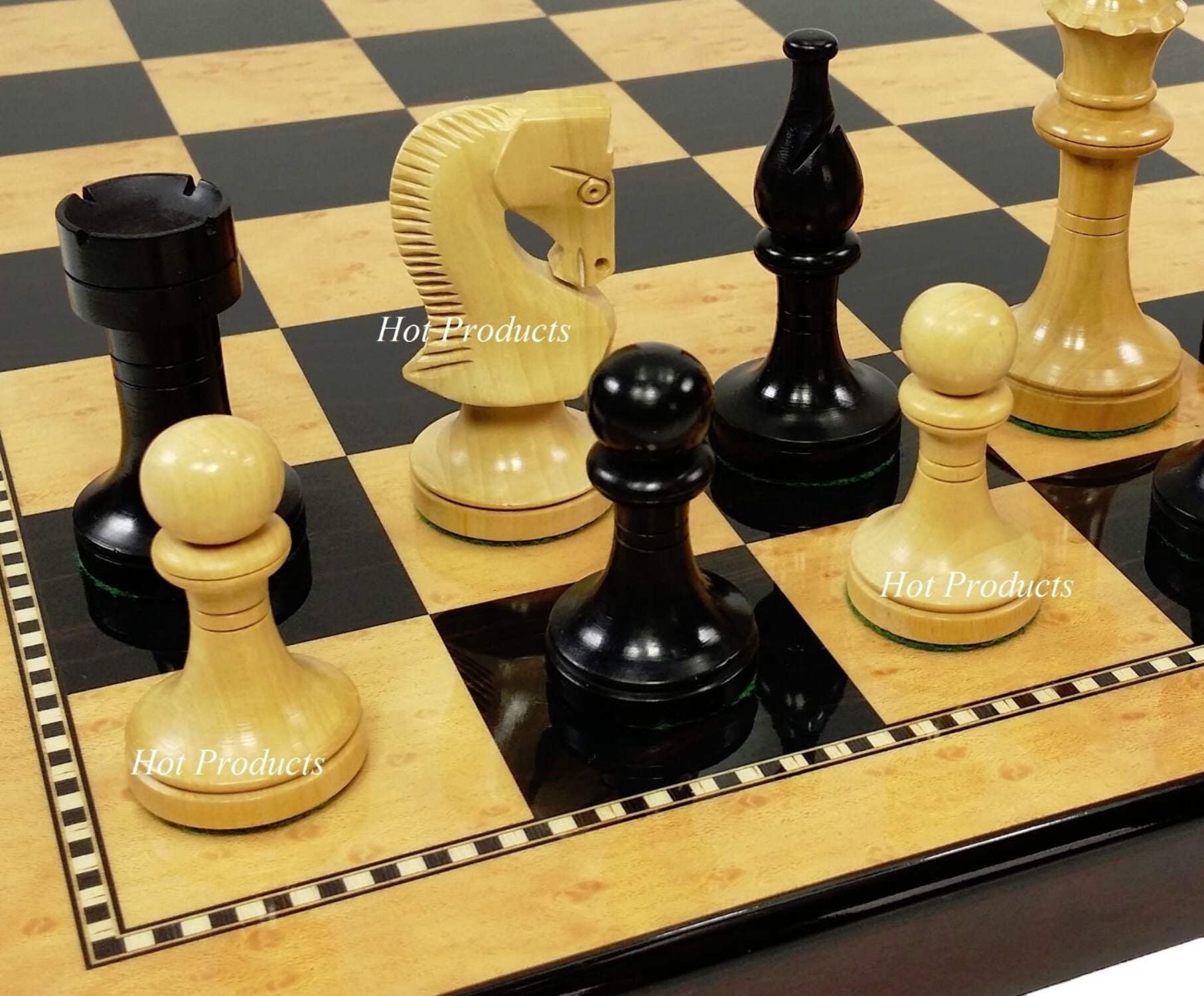 Black RUSSIAN 3 1/2" Staunton Wood Chess Set 18" Walnut  Maple Color Board