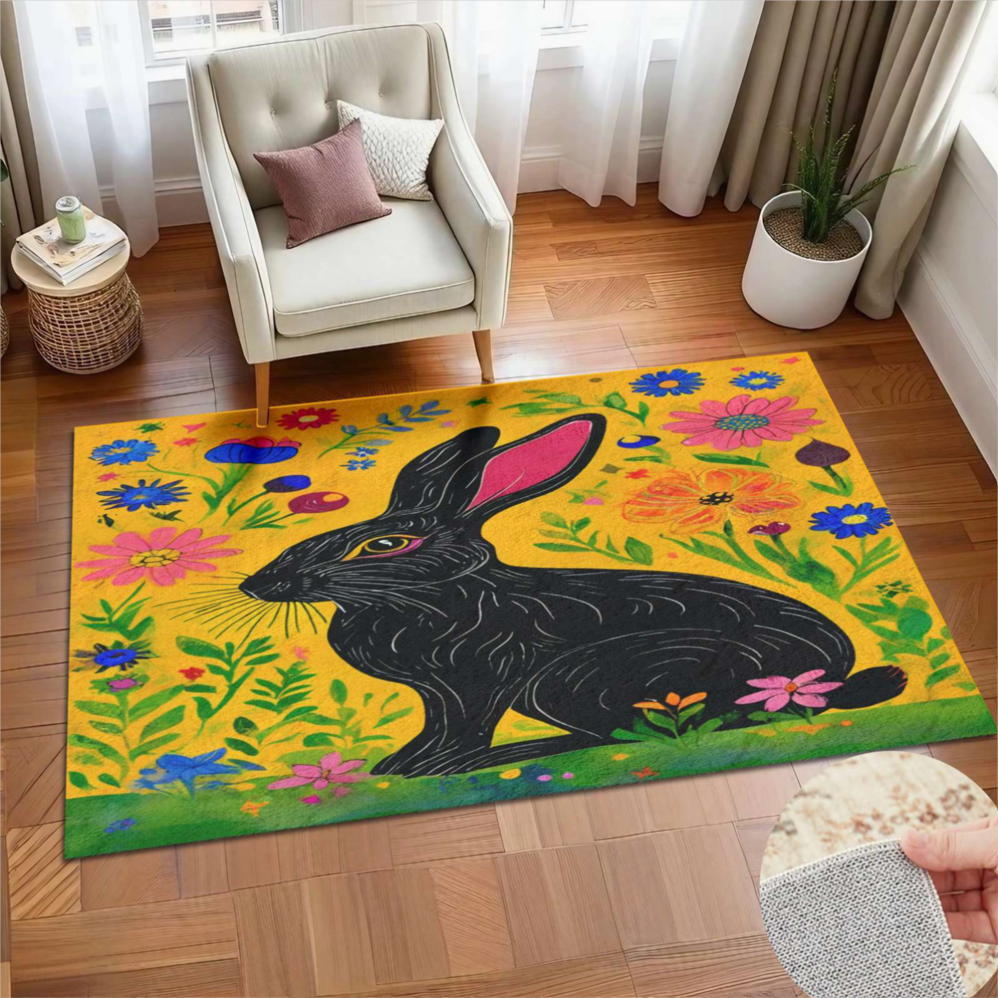 Black Rabbit Floral Garden Soft Large Area Rugs Washable Rug With Non ...