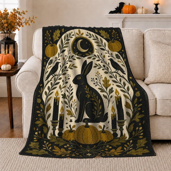 Black Rabbit on Pumpkin with Moon, Mystical Folk Art Style for Cottagecore Fans, Cozy Candlelit Autumn Scene, Flannel Blanket for Reading Nook and Cabin, Halloween Gift and Primitive Home Decor