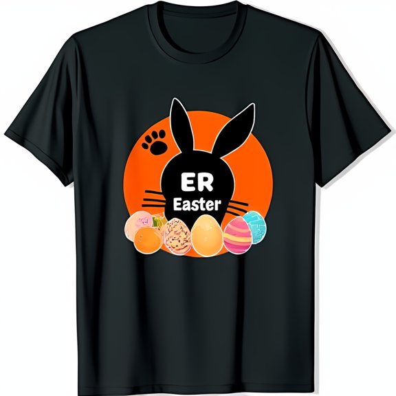Black Rabbit T-Shirt with Circle & Colorful Easter Eggs Fun Easter Tee
