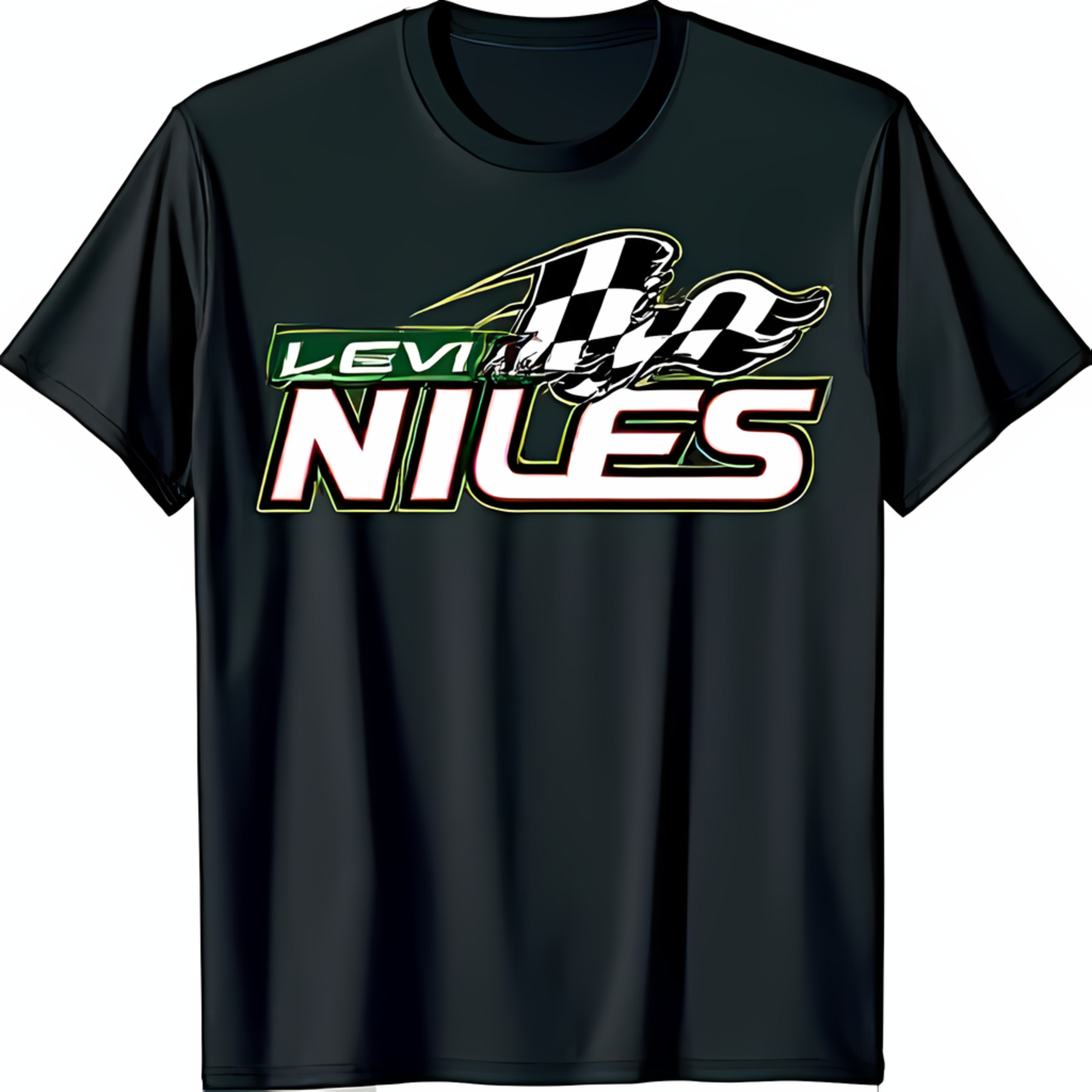 Black Racing TShirt with Bold Checkered & Niles Graphic