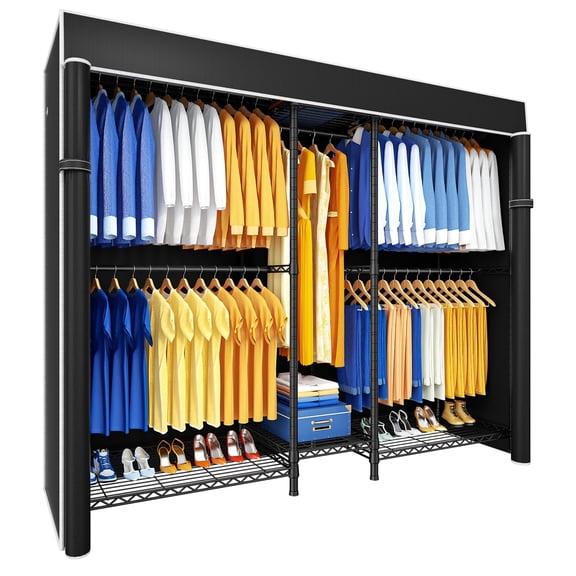 Black Rack With Black Cover E12C Pro Heavy Duty Freestanding Adjustable Closet Organizer Clothing Rack