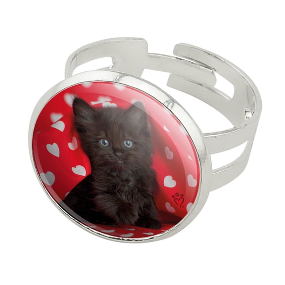 Black Ragdoll Tiffany Cat Kitten Hearts Love Silver Plated Adjustable Novelty Ring