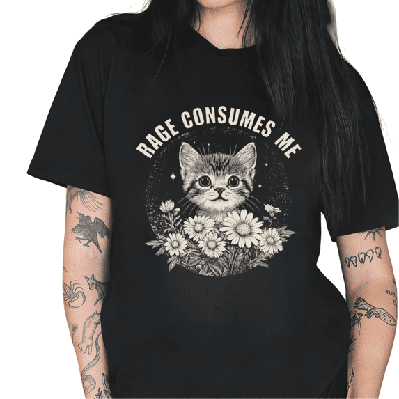 Black Rage Consumes Me Kitten Daisy Print Tshirt Graphic Tees Shirts Funny Sarcastic Cat Lover Gift Casual Tops S-5XL