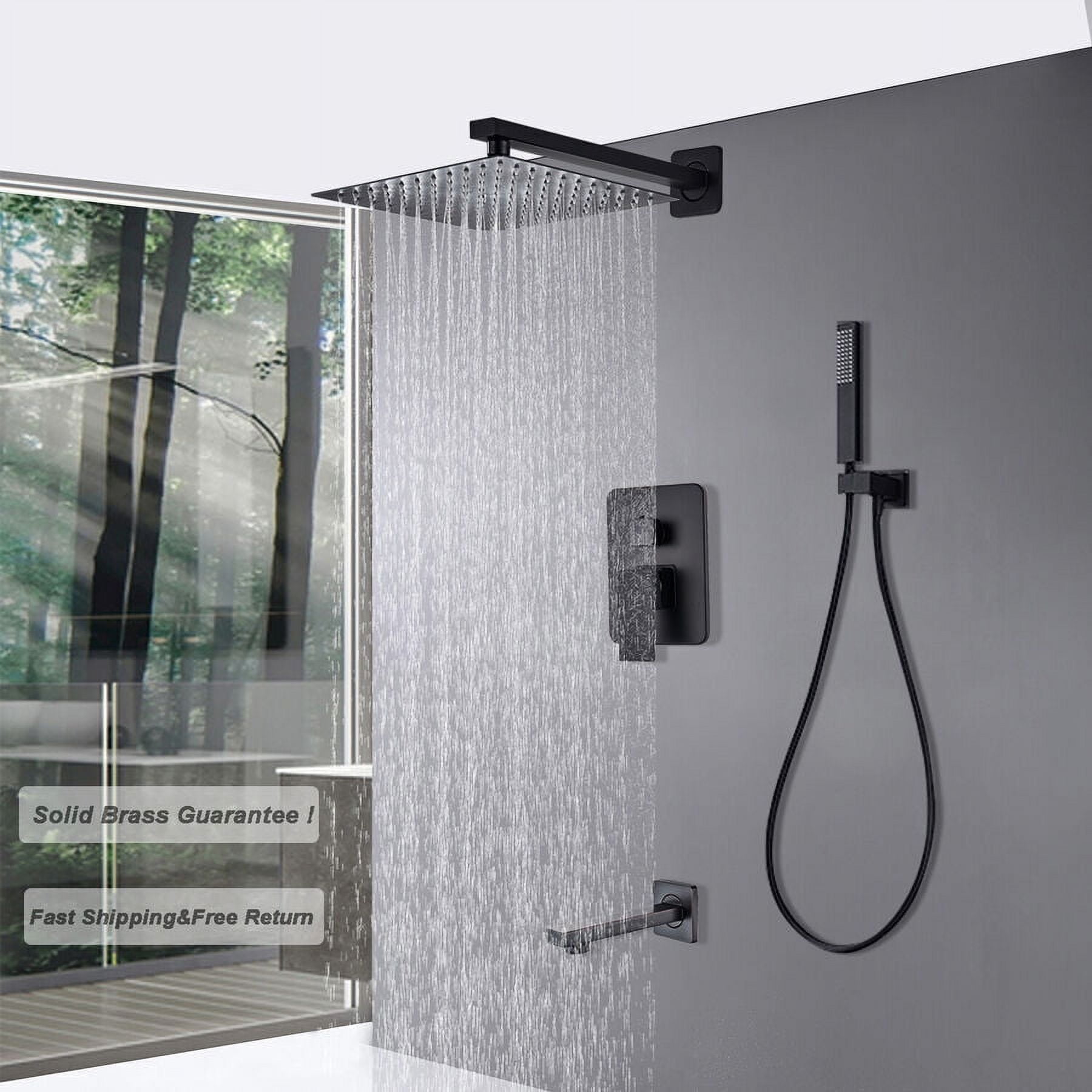 12" Square Black Rain Shower Faucet Set - Combo With Handheld Sprayer, Tub Spout & Valve