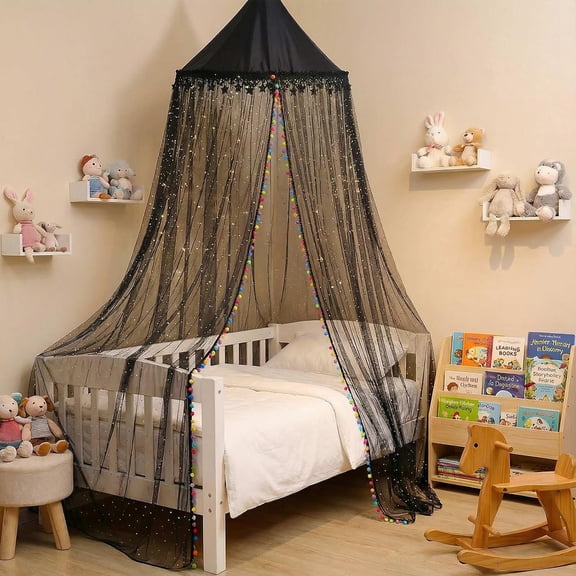Black Rainbow Bed Canopy for Girls,Shiny Princess Bed Curtain with Colorful Pom Pom Tassels,Hanging Reading Nook with Star Moon Glitter, for Twin Queen Size Bed (Black Color with Star Moon Glitter)