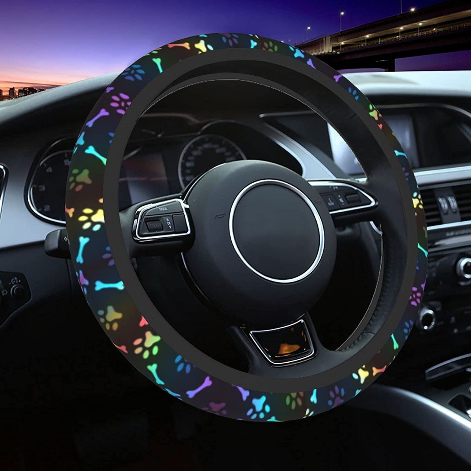 Black Rainbow Dog Paw Print Steering Wheel Cover Colorful Cute Bones