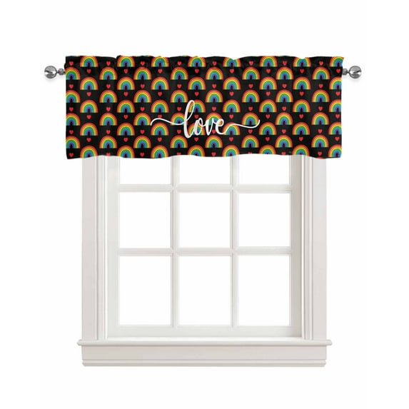 Black Rainbow Linen Curtain Valance for Bedroom/Bathroom/Kitchen/Office/Living/Dining Room Window,Contemporary Minimalist Geometric Stripe Pocket Topper Drapes Decorative Cafe Drapery Panel 42"x12"
